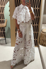 Women's Elegant Lace Set: Hollow Blouse & Wide-Leg Pants Suit