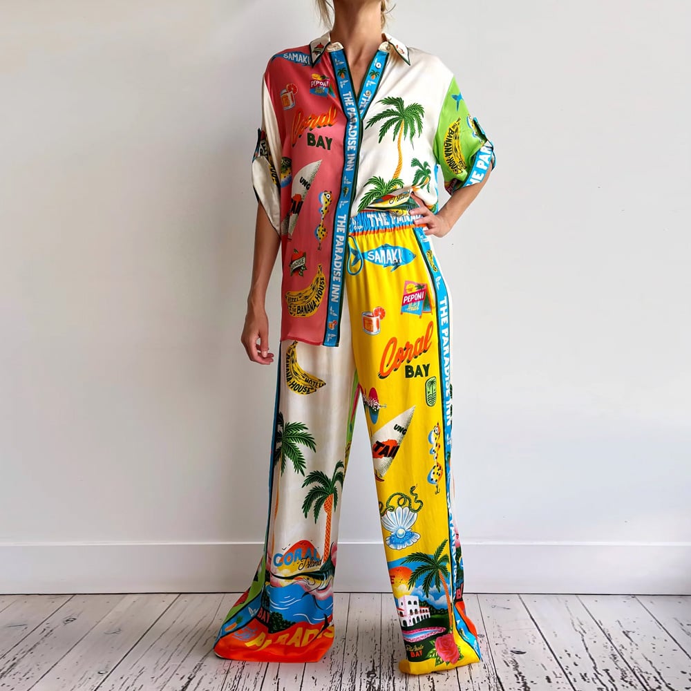 Satin Unique Print Colorblock Shirt & Elastic Waist Pocketed Wide Leg Pants Set