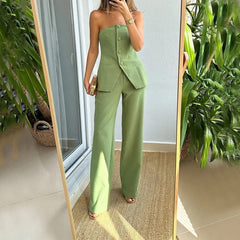 Extra Dose of Confidence Off Shoulder Button Top and Straight Pants Set