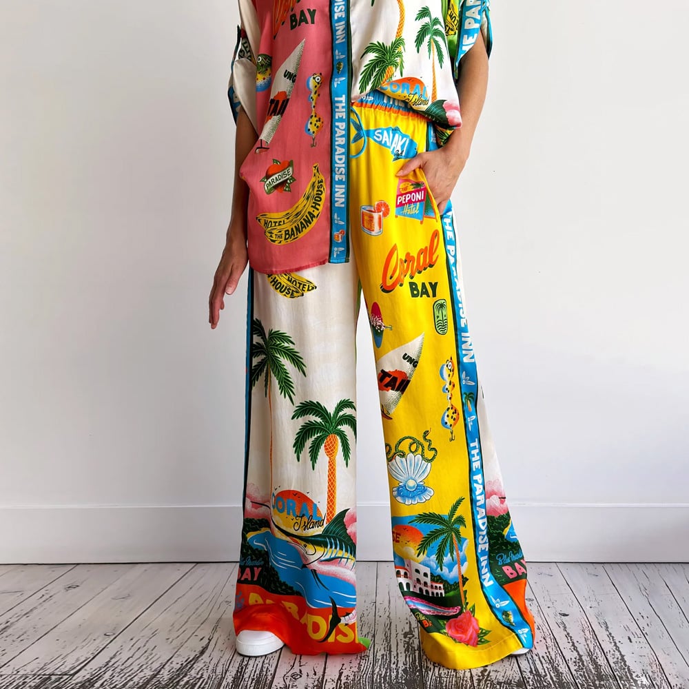 Satin Unique Print Colorblock Shirt & Elastic Waist Pocketed Wide Leg Pants Set